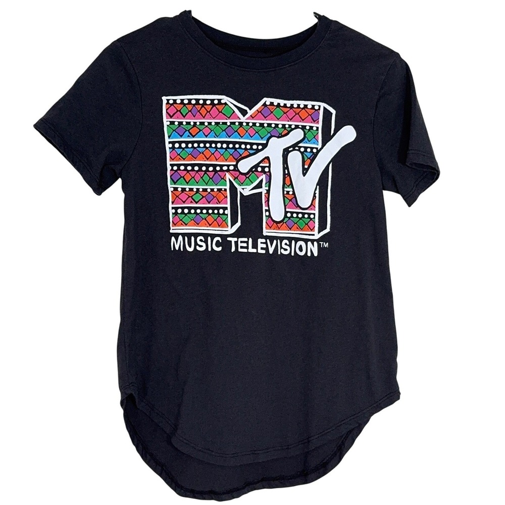 MTV Music Television Retro Y2K 90s Black Geometric Logo Graphic T-Shirt Size M